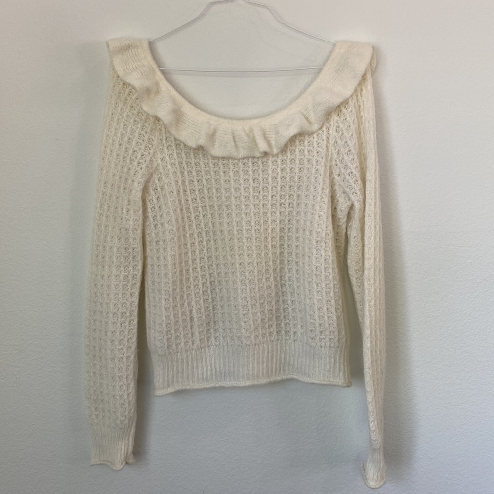 Anthropologie wool blend waffle knit cream ruffle off shoulder sweater SIZE L